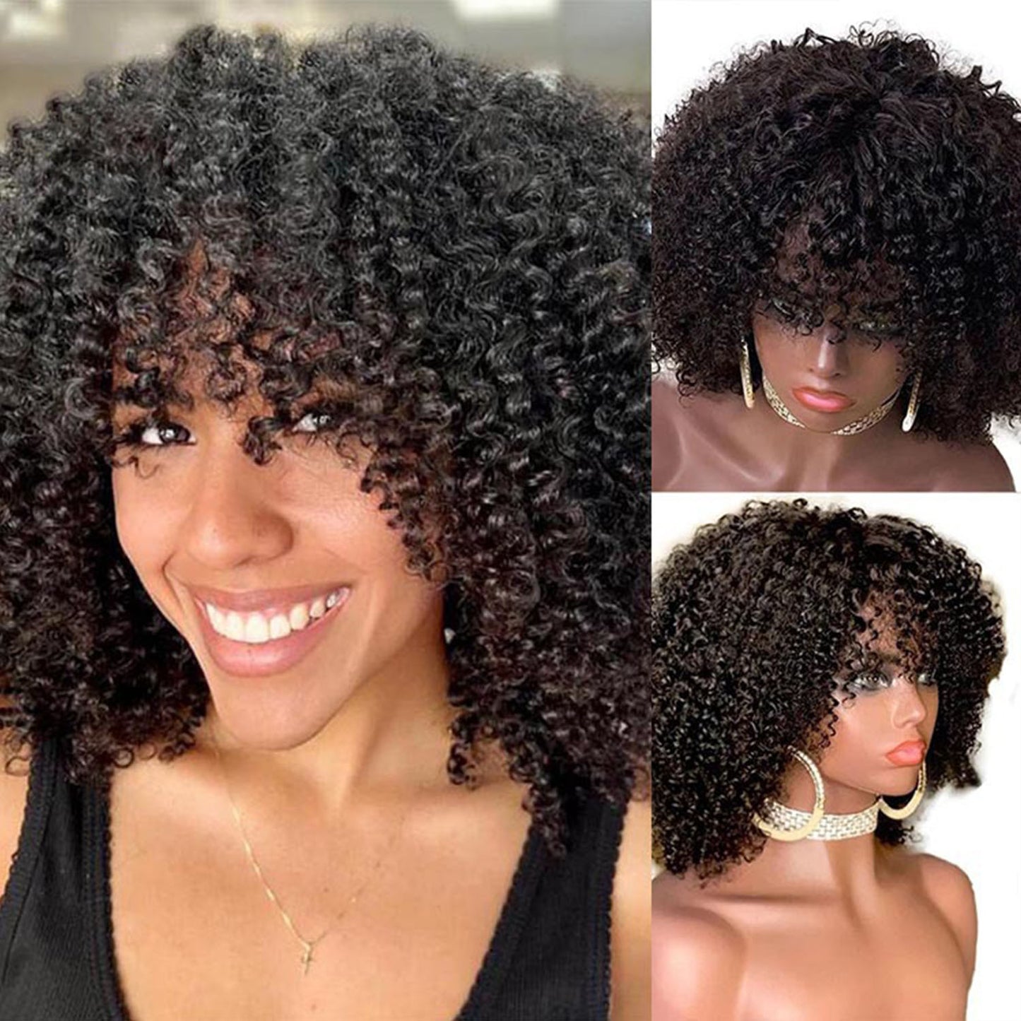 Afro Kinky Curly Human Hair Wigs with Bangs Short bob