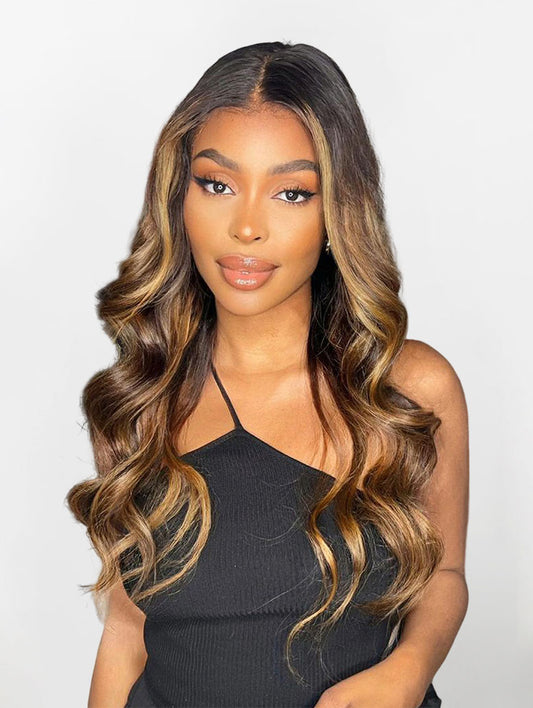 Chocolate Brown Highlight Body Wave T Part HD Lace 26" Blended Wig