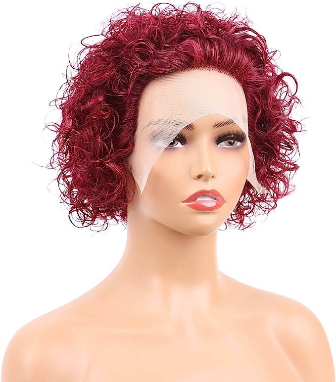 Glueless 99J 13*1 Lace Pixie Curl 8'' Human Hair Bangs