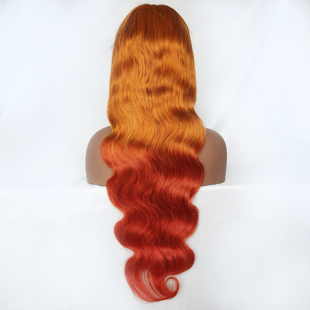 Ombre Golden Ginger Body Wave 13*4 Frontal Lace Mid Part Long Wig 100% Human Hair