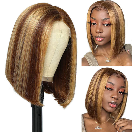 8.24 Ombre Short Bob HD Highlight P4/27 13*1 T Part Lace Glueless  Lace Wigs Human Hair Pre  Plucked with Baby Hair Human Hair