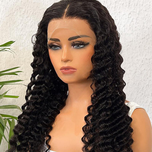 8.23 Deep Wave 4*4 Closure Lace Wig Natural Black Human Hair Curly  Glueless 150% Density Wig Pre Plucked With Baby Hair