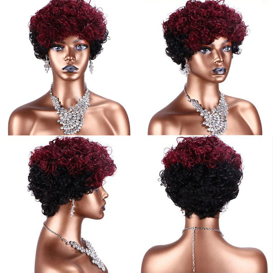 8.22 2 Color Pixie Cut Curly Wig No Lace Bob Wigs Glueless 150% Human Hair