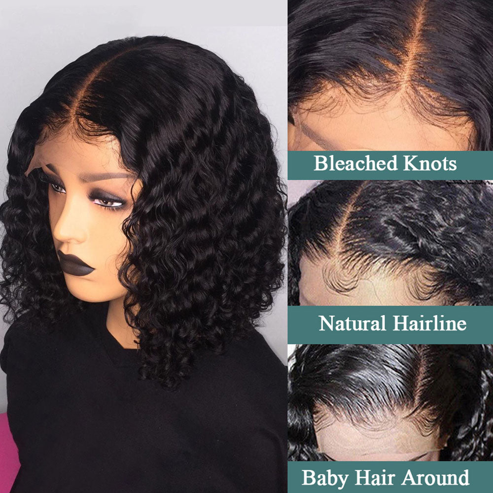 Short Curly Bob Wigs Human Hair 4x4 Closure Wigs Human Hair with Baby Hair 150% Density Natural Color