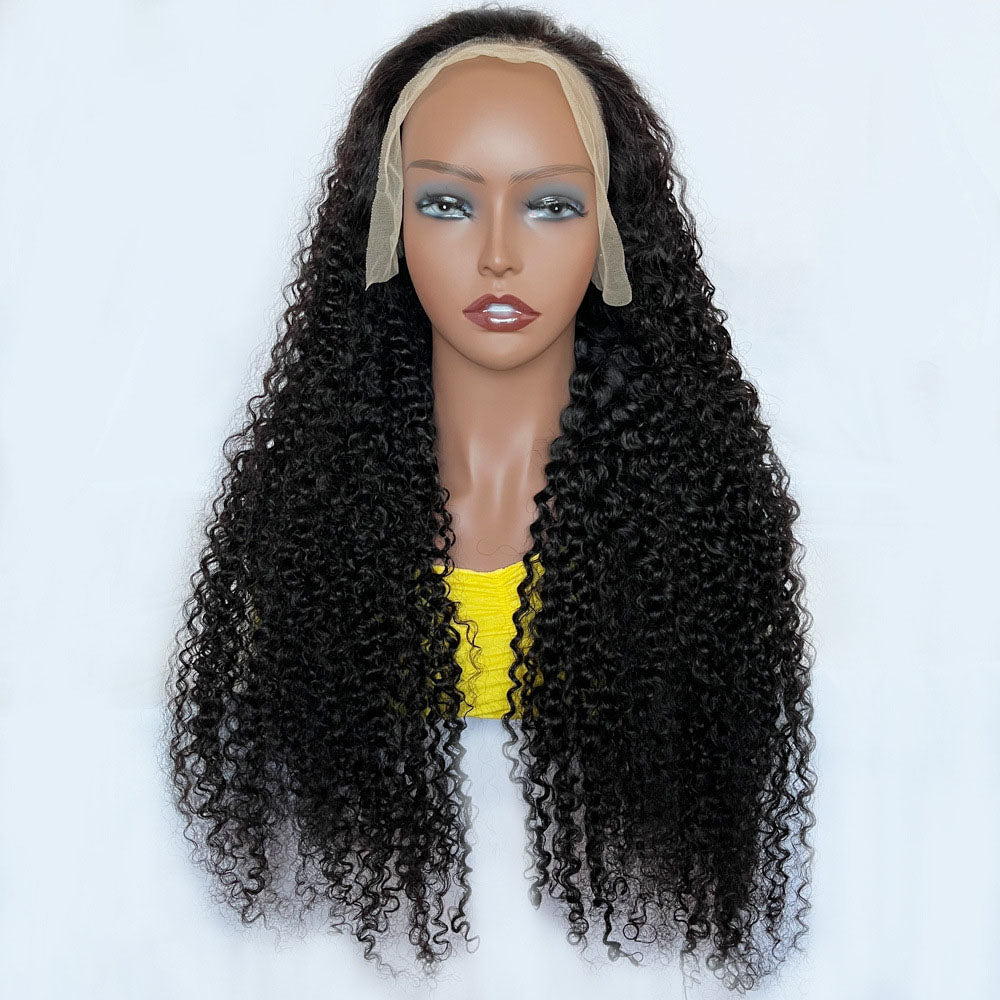 8.23 Natural Black T Part Lace Wig Jerry Curly Human Hair 150% Density Pre Plucked With Baby Hair