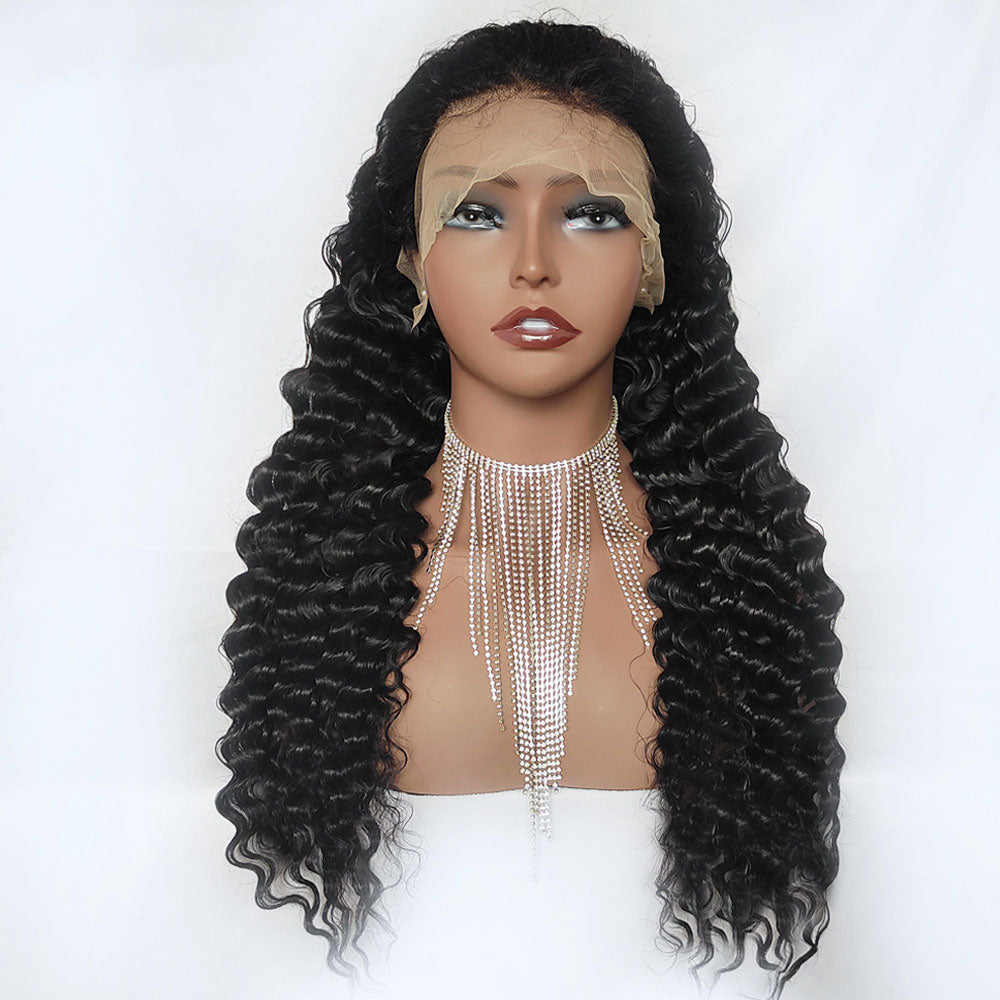 8.23 Natural Black T Part Lace Wig Curly Human Hair Deep Wave 150% Density Pre Plucked With Baby Hair