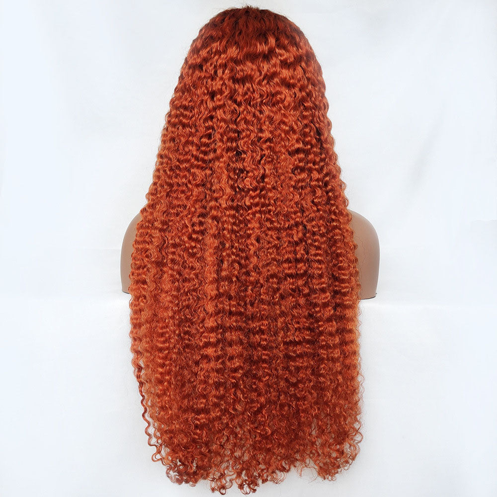 8.23 #350 Ginger Kinky Curly T Part Lace Wig Curly Human Hair Deep Wave 150% Density Pre Plucked With Baby Hair
