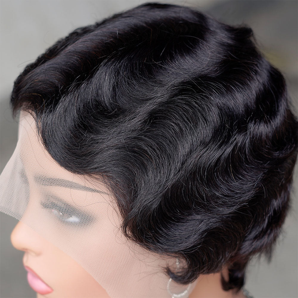 8.21 Pixie Cut Wig 13×4×1 T Part Lace Wave Bob Wigs Human Hair Natural Hairline 150% Density(8 Inch)