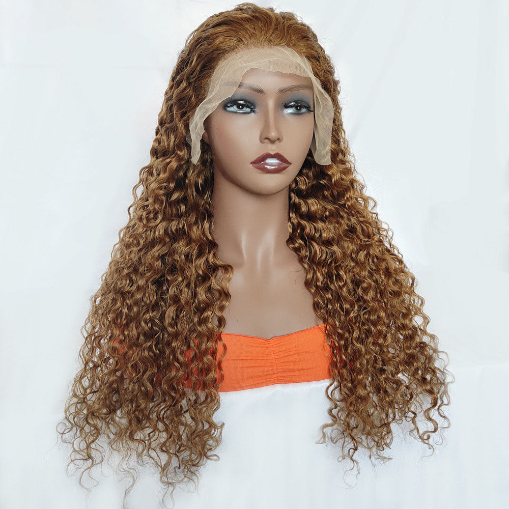 8.23 #8 Light Brown Water Wave T Part Lace Wig Curly Human Hair Deep Wave 150% Density Pre Plucked With Baby Hair