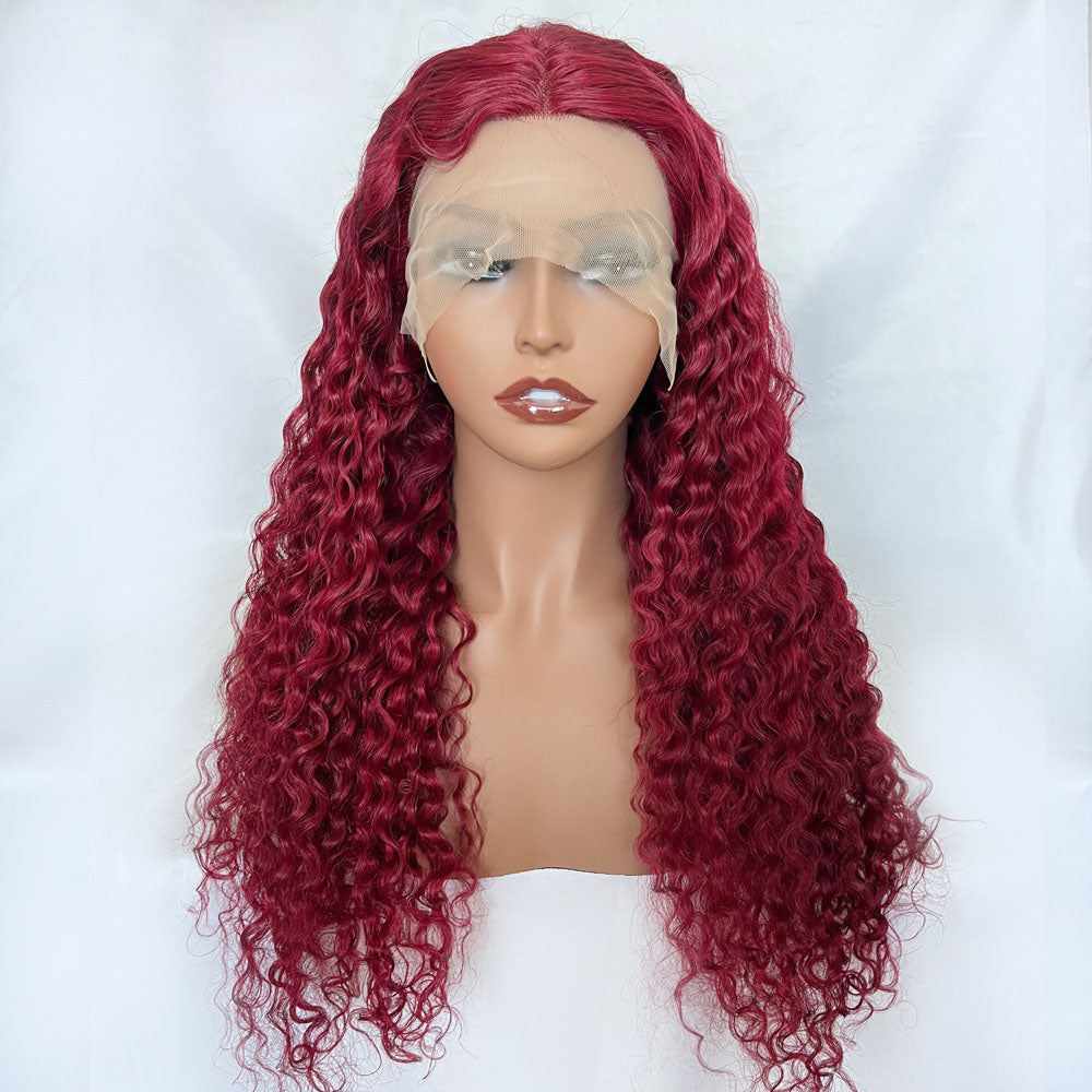 8.23 #99J Burgundy Curly T Part Lace Wig Curly Human Hair Deep Wave 150% Density Pre Plucked With Baby Hair