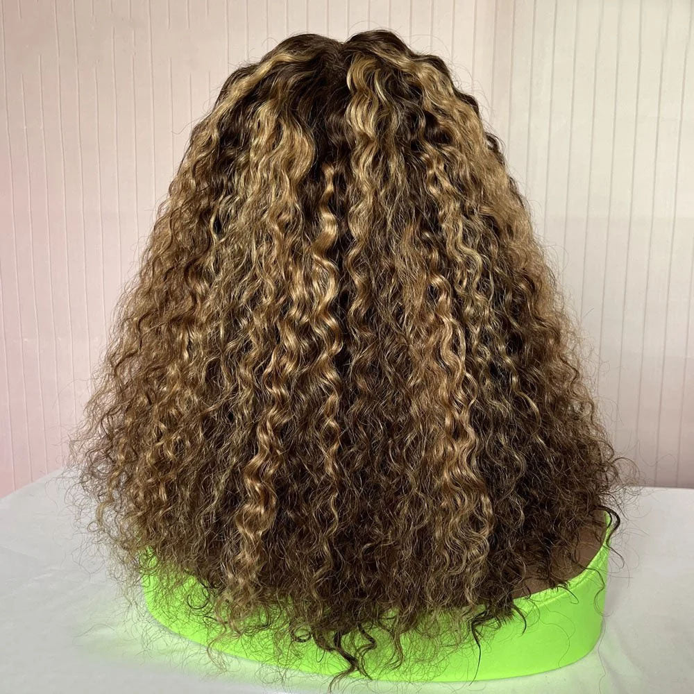8.23 P4/27 Highlight Curly T Part Lace Wig Human Hair Chocolate Brown Kinky Curly Human Hair Wig Glueless Colored Wig Pre Plucked with Natural Hairline 150% Density