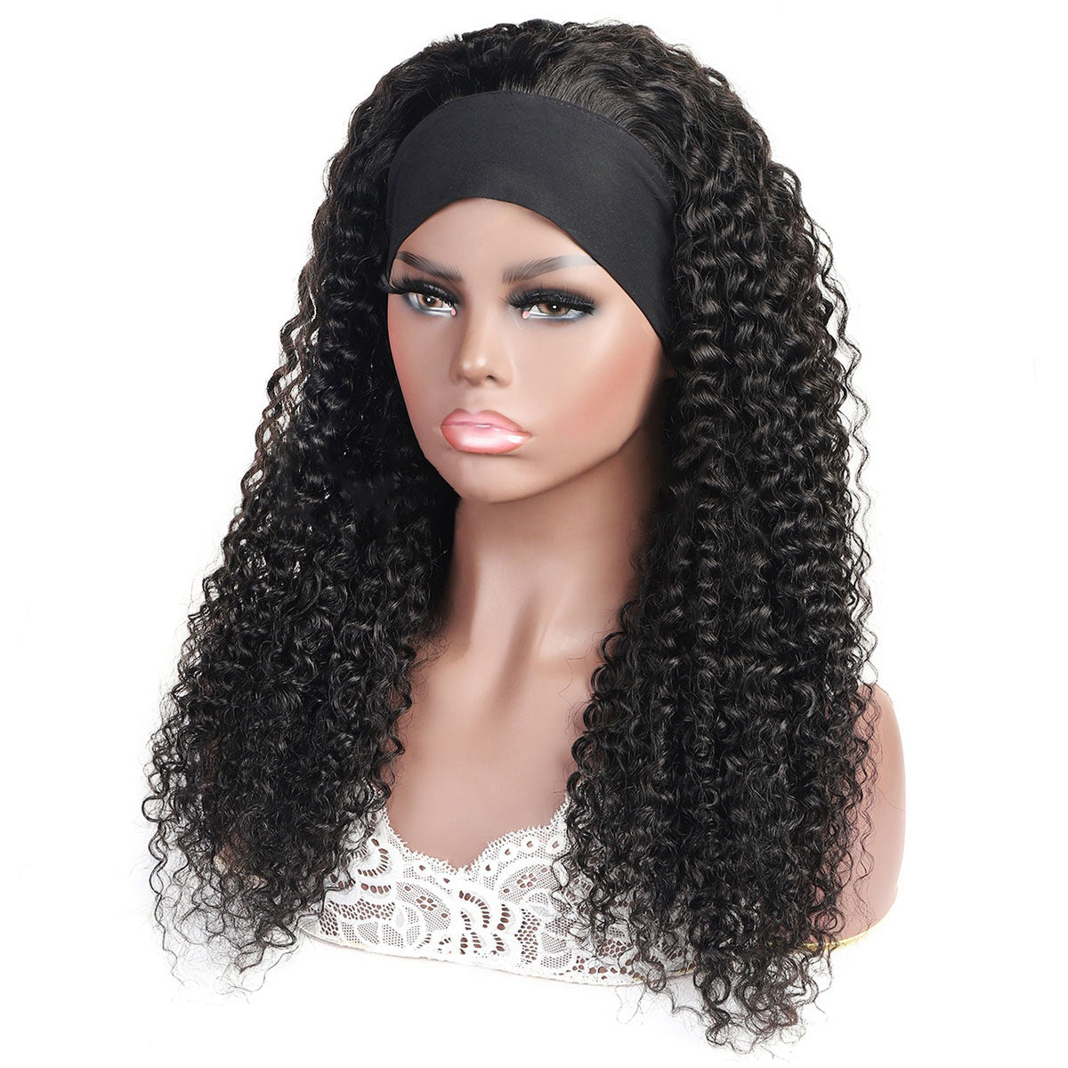 Curly-Headband Deep Wave Glueless None Lace 100%Human Hair Wigs Natural Color