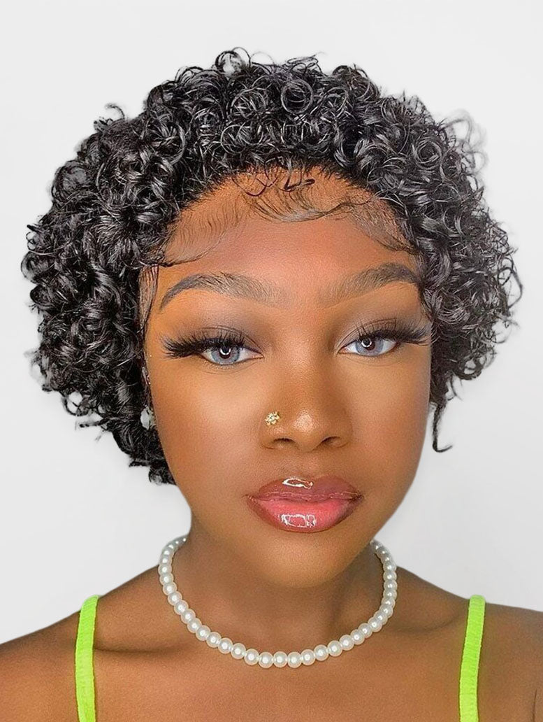 Short Curly Pixie Cut 13X1 HD Lace Front Wigs 6 inch Human Hair Plucked Wigs for Women (6 Inch, Natural Black)