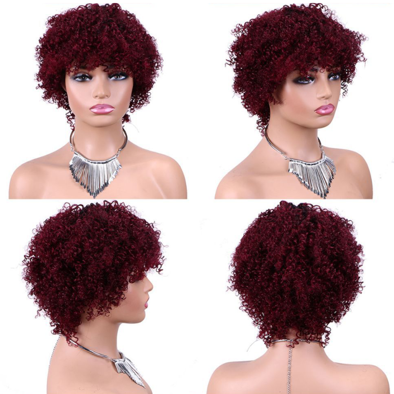 3 Color Short Curly Wigs Pixie Cut Wigs With Bangs  100%Human Hair Short Black Wigs for Women
