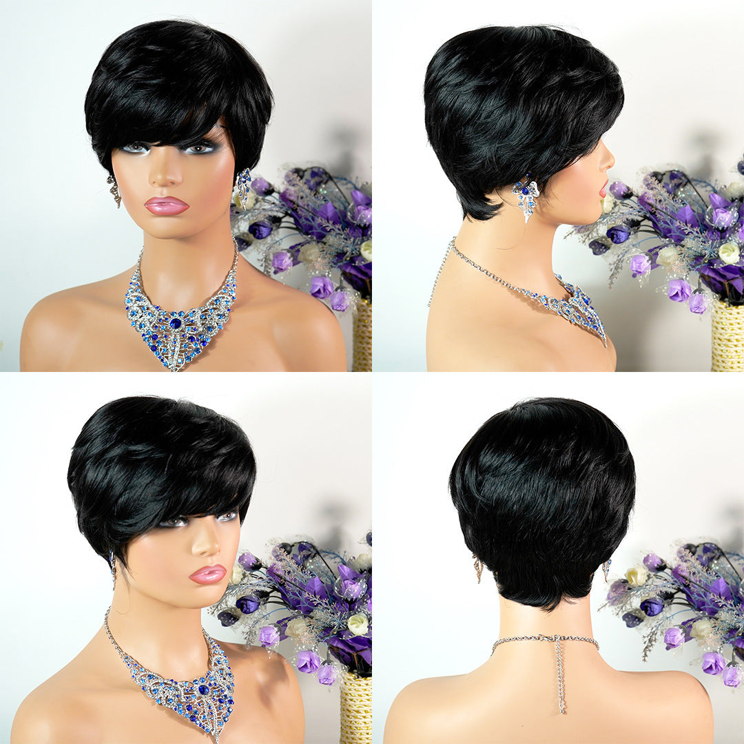4 Color Short Wigs Pixie Cut Wigs With Bangs 100%Human Hair Short Black Wigs for Women