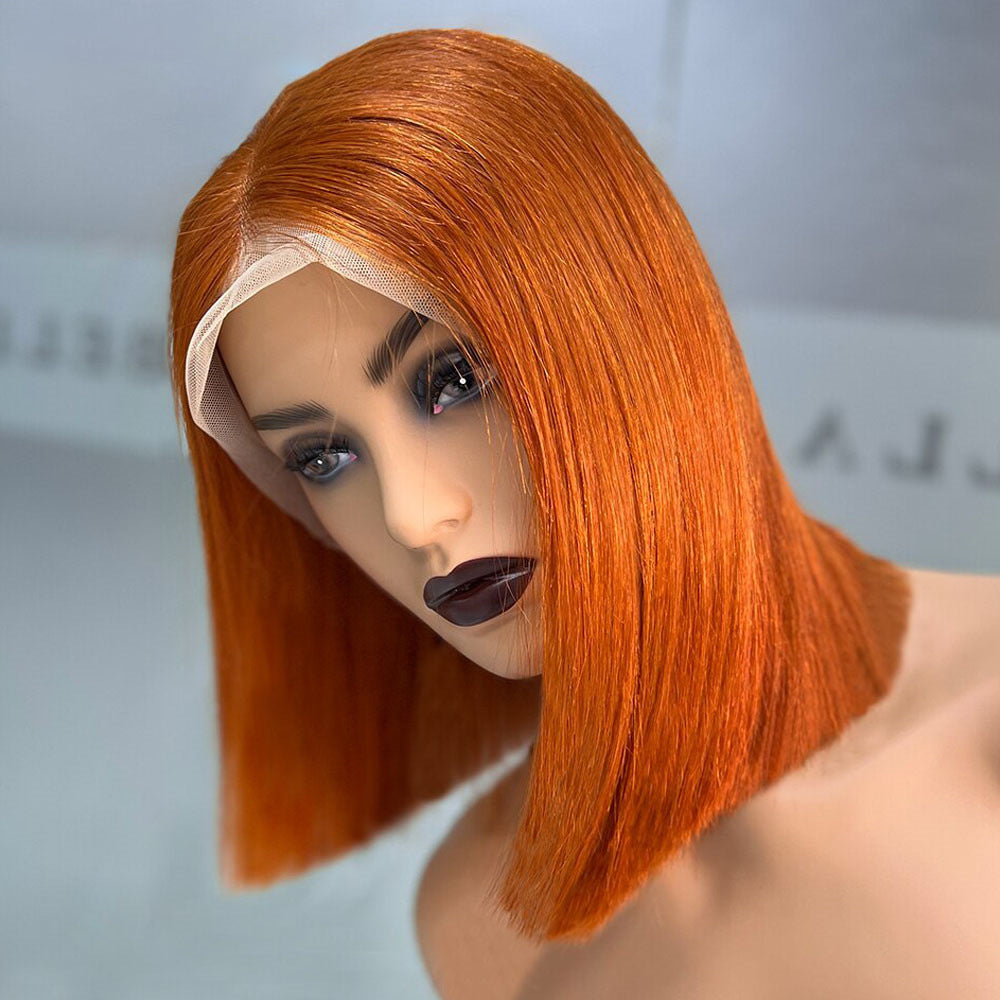 Orange Straight Bob Pre Plucked Glueless Wig 100% Human Hair HD Lace 13*4 Frontal  Wig