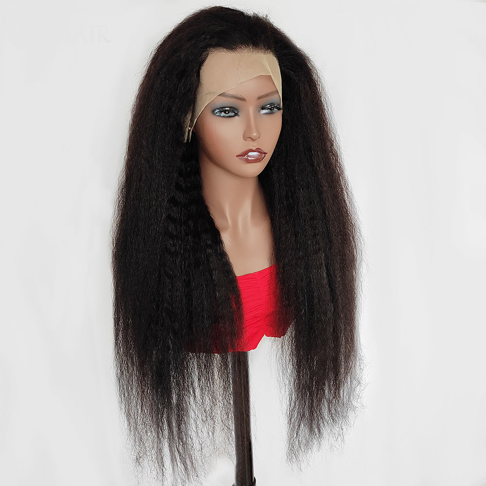 Pre-Plucked Kinky Straight T Part HD Lace Glueless Mid Part Long Wig 100% Human Hair